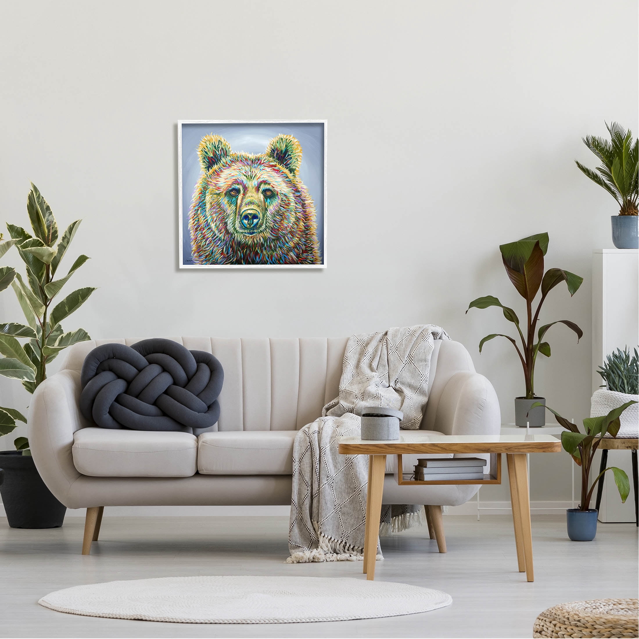 Modern Bear Rainbow Fur Strokes Animals & Insects Painting White Framed Art Print Wall Art
