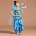 thumbnail image 2 of Conjunto de traje de danza del vientre para niñas con borlas de monedas, pantalón harén y bufanda en la cadera Azul, 2 of 9
