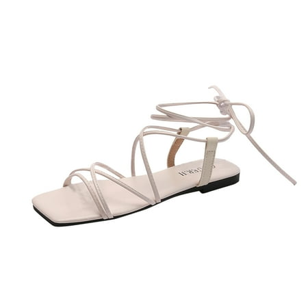 

Kukoosong Sandals Women Fashion Roman Shoes Square Head Slippers Cross Strap Flat Sandals for Women Beige 42