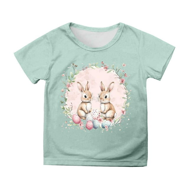 NINGMENG Juniors Filles Hauts & T-Shirts Lapin de Pâques Col Rond Manches Courtes Hauts Décontractés Chandail T-Shirts Usage Quotidien, Vert, 12-13 Ans