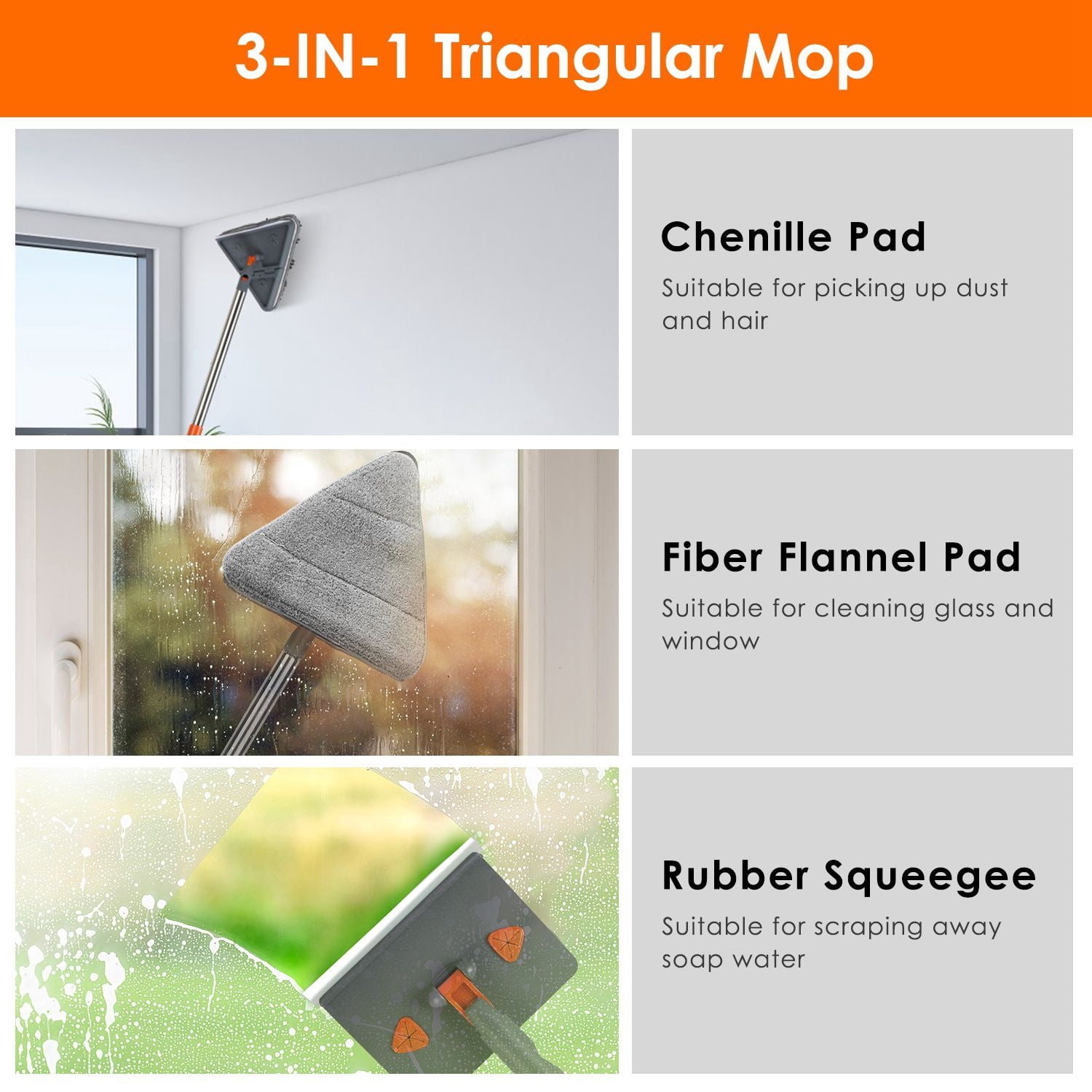 Wall & Baseboard Cleaning Mop with 8 Reusable Pads, 5-Section Extendable Stainless Steel Handle, 90° Flip Design, Hanging Holder for Home Cleaning