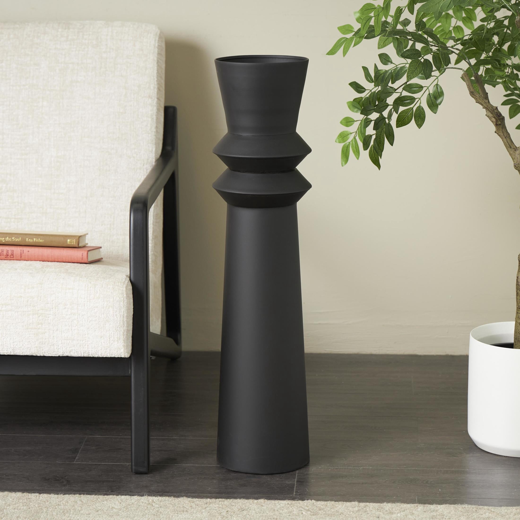 DecMode 32" Tall Art Deco Fluted Floor Black Metal Vase
