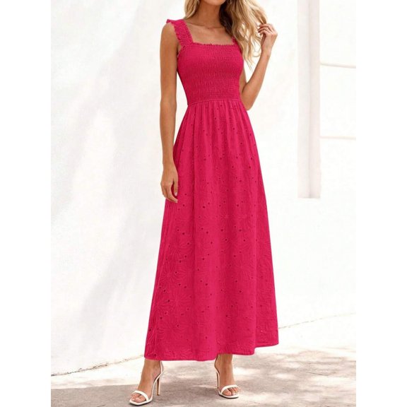 Red Womens Smocked Square Neck Sleeveless Eyelet Lace Cotton Maxi Dress For Spring Summer Beach