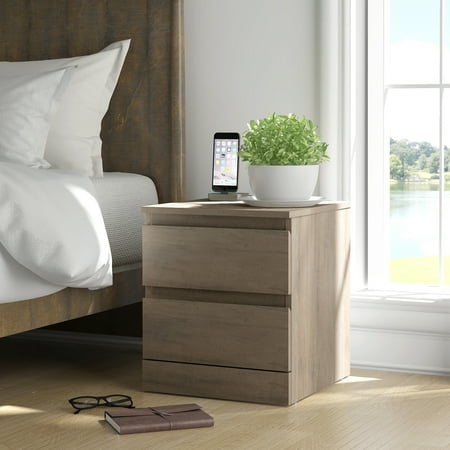 Brindle Low Profile Nightstand with 2 Drawers and USB, Gray Oak, by Hillsdale Living Essentials