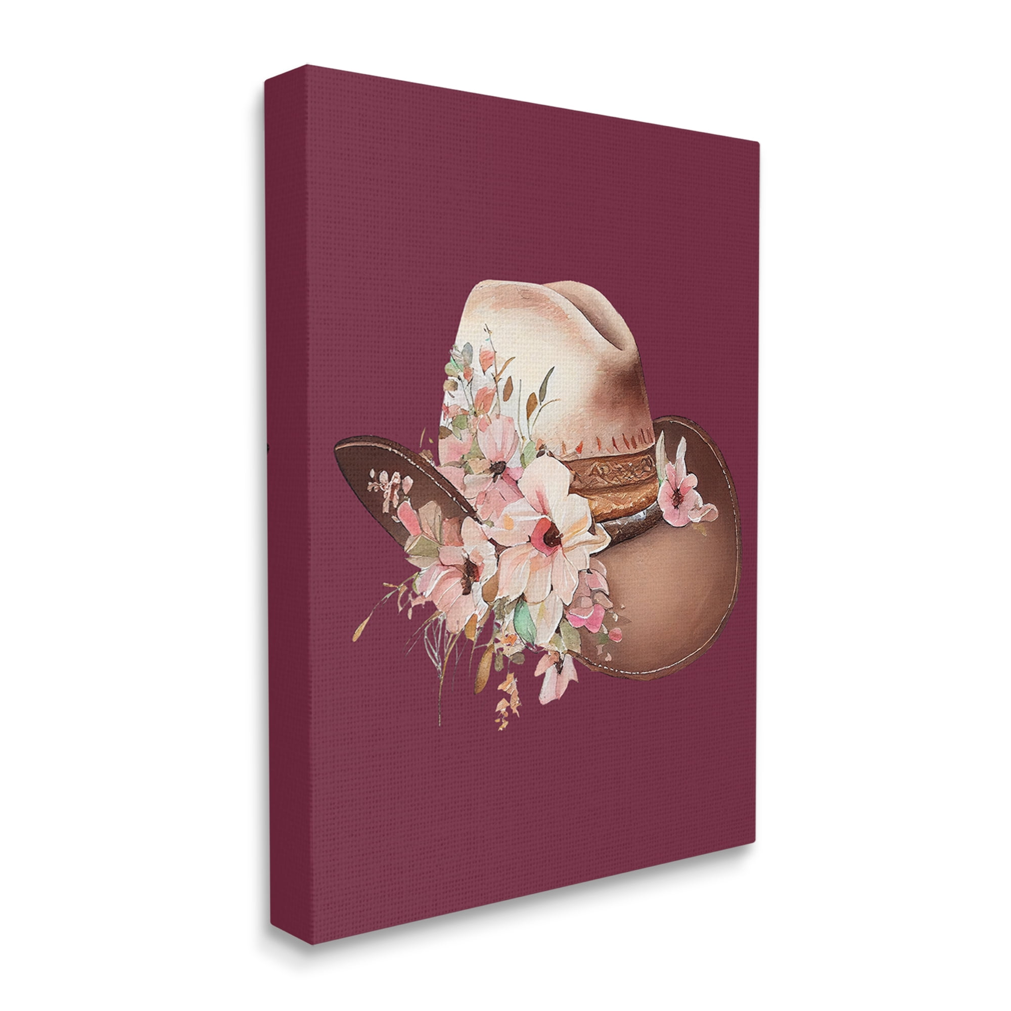 Stupell Industries Cowgirl Hat on Burgundy Botanical & Floral Painting Gallery Wrapped Canvas Art Print Wall Art, 36 x 48