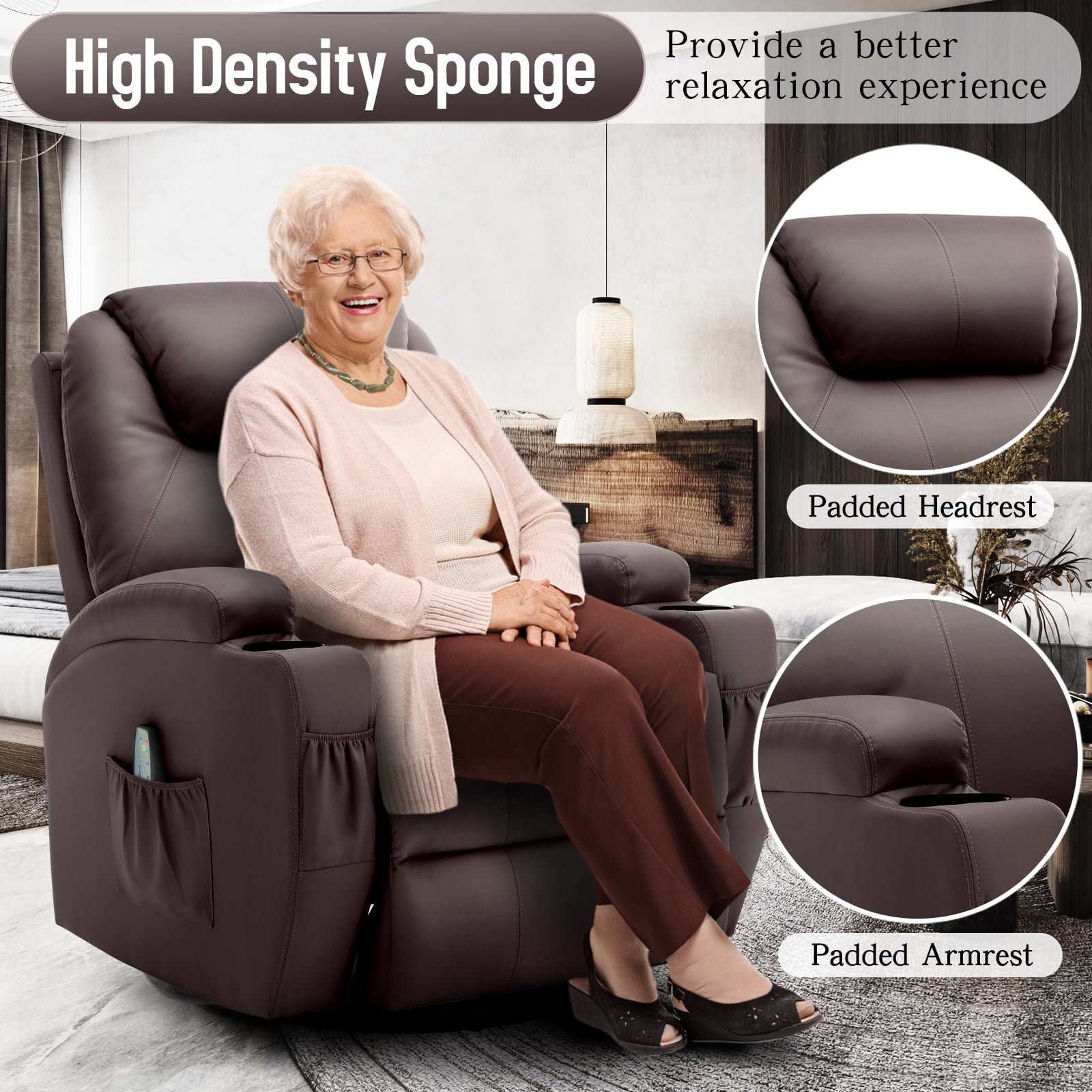 Korser Swivel Rocker Recliner Chair with Massage Faux Leather for Living Room,Brown
