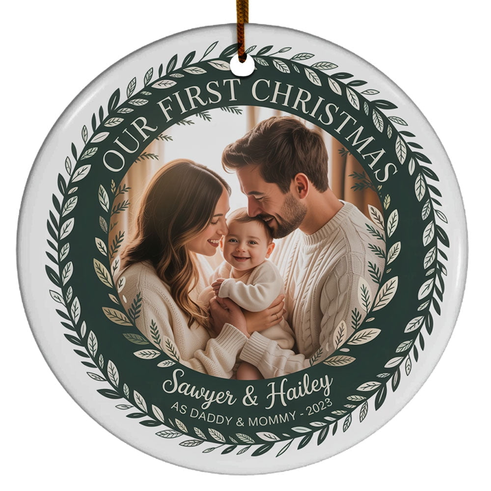 Customized Family of 3 Christmas Ornament 2025, Our First Xmas as Daddy & Mommy Keepsake, Baby 1st Christmas Ornament Gift, Custom Name Text Photo Picture Decoration for Parents