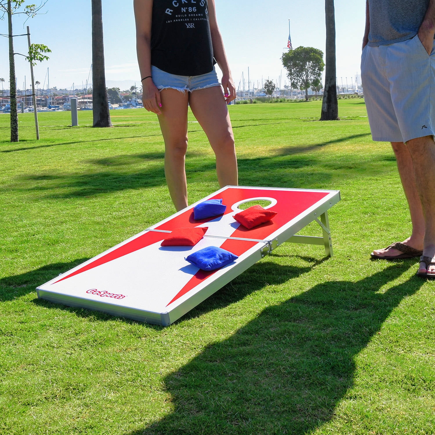 GoSports CornHole PRO Regulation Size Bean Bag Toss Game Set, Superior Aluminum Frame, Red and Blue Design