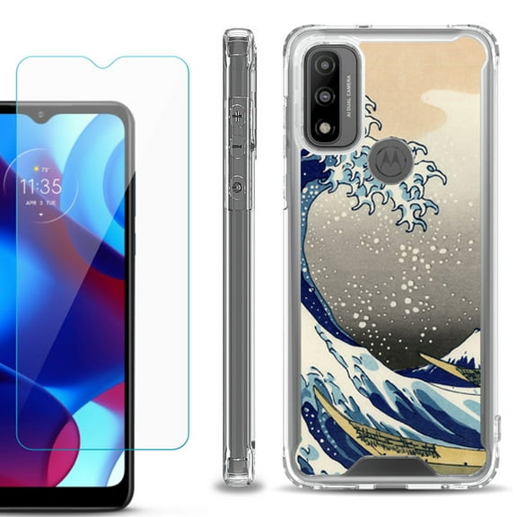 Shockproof Bumper Phone Case for Motorola Moto G Pure, with Tempered Glass Screen Protector, by OneToughShield ® - Great Wave
