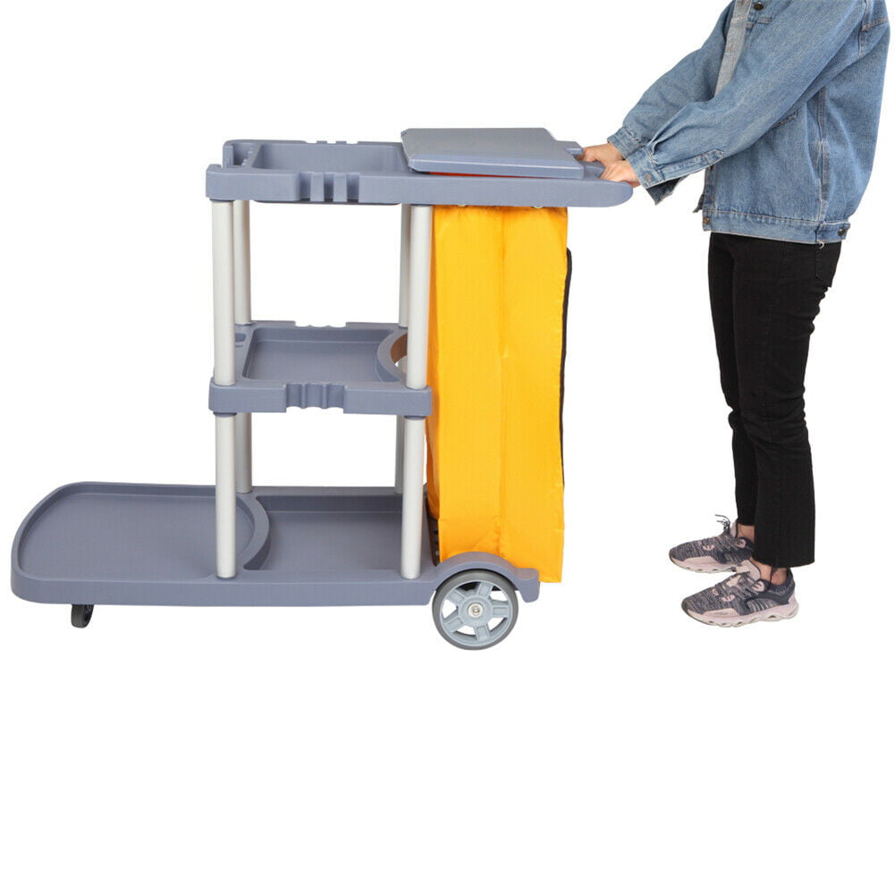 Janitorial Cleaning Cart Rolling Janitor UItility Cart w/ 3 Shelves & Vinyl Bag 