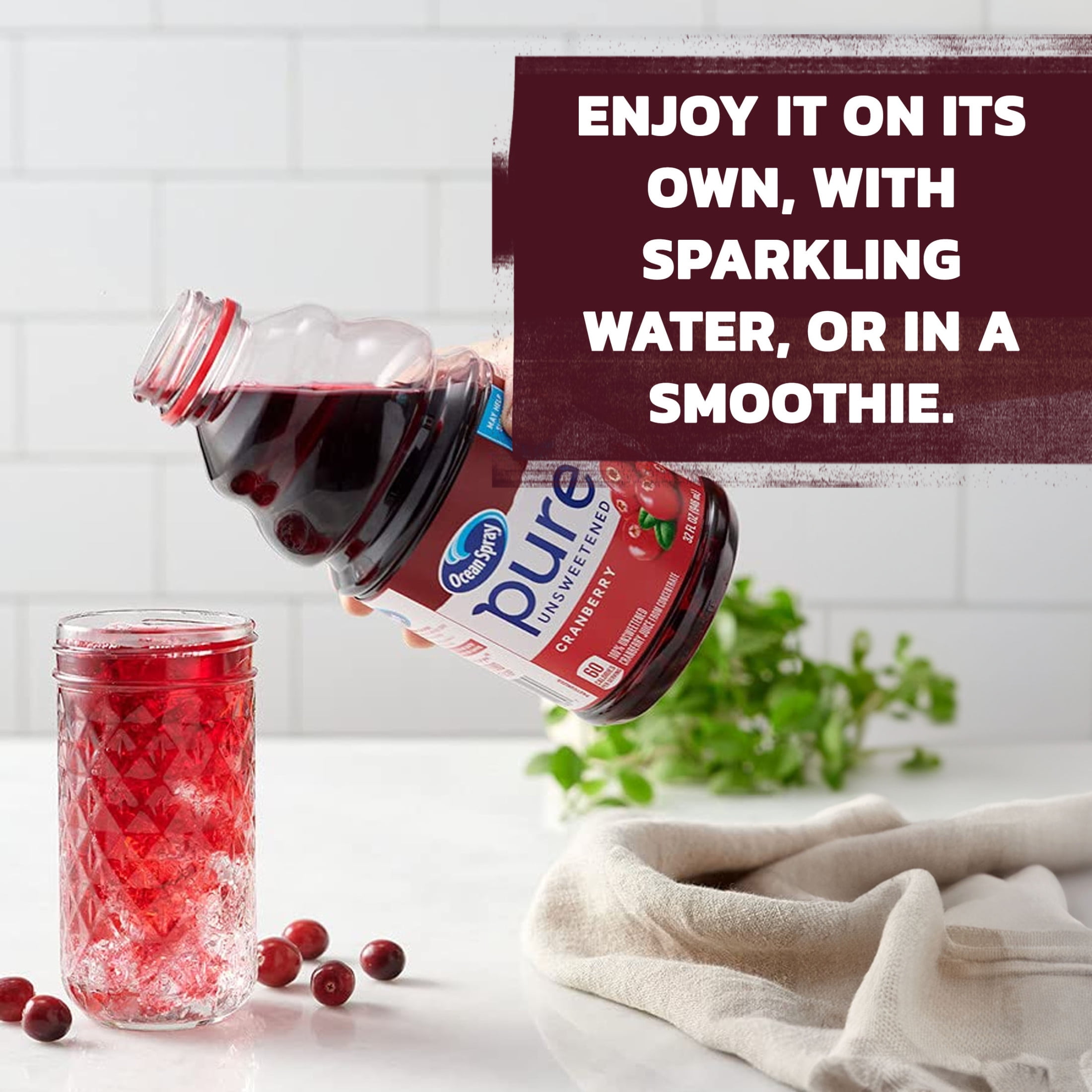 Ocean Spray® Pure Unsweetened Tart Cherry, 100% Tart Cherry Juice, 32 fl oz Bottle