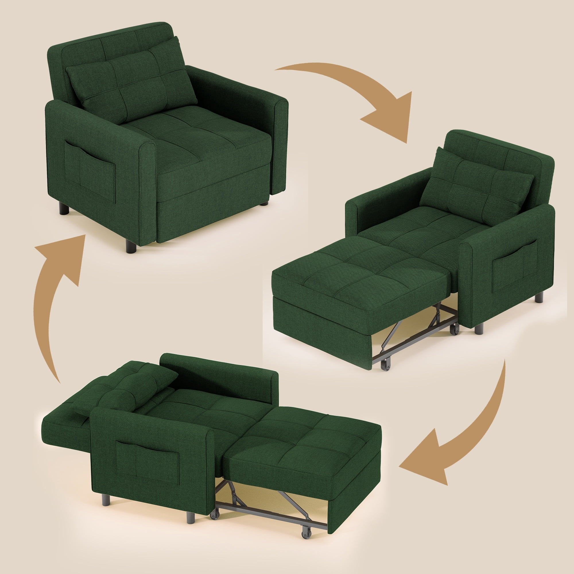 Sofa Bed Chair Convertible, Sleeper Chair with Pull-Out Bed, 3-in-1 Futon Couch with Reclining Backrest and Side Pocket, Green