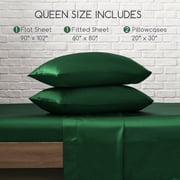 MR&HM Satin Sheet Set Queen 4 Pcs, Silky Elegant Luxurious Queen Size Bed Sheets, with Flat Sheet, Deep Pocket Fitted Sheet for Mattress and Matching Satin Pillow Cases (Queen Size, Dark Green)
