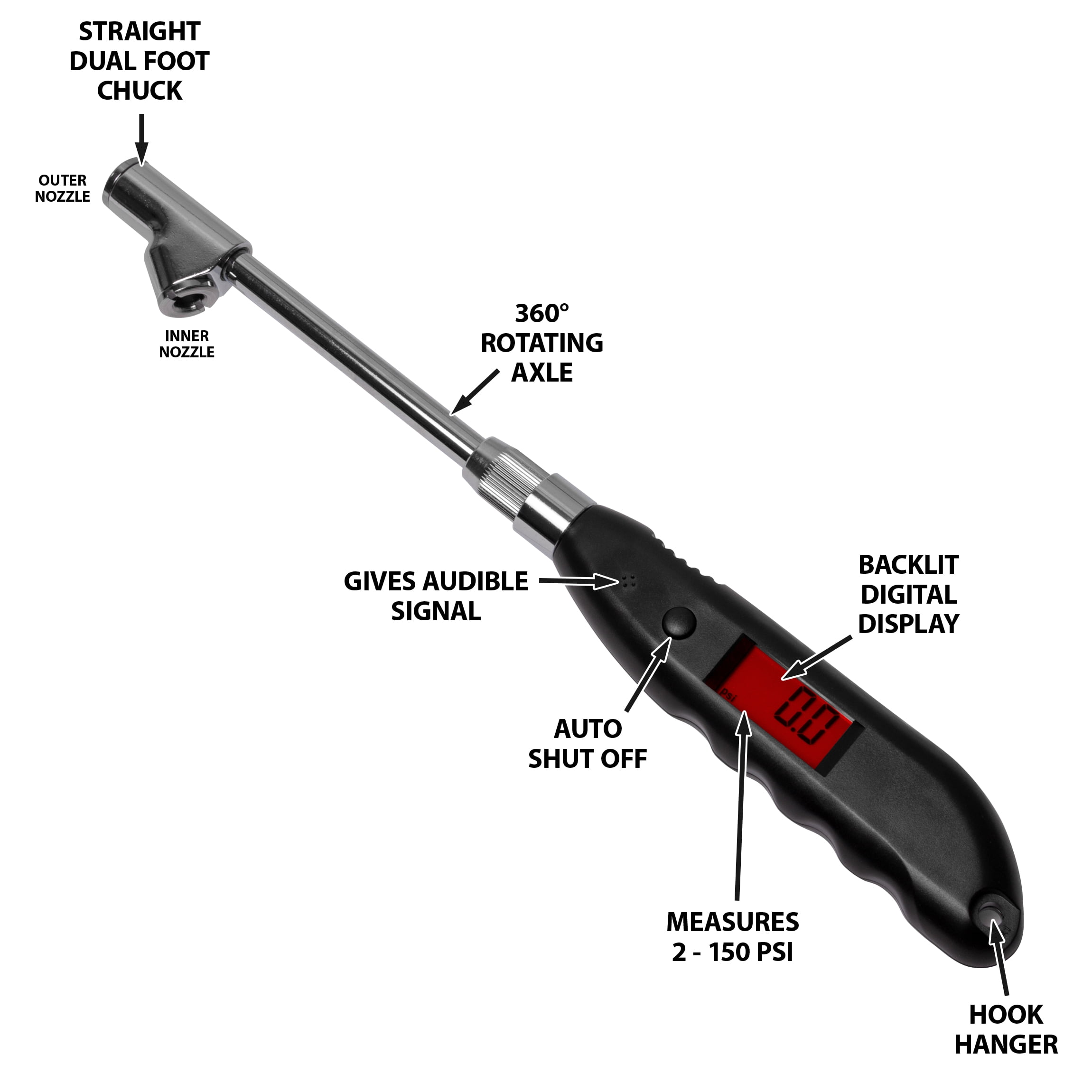 Myers Fleet Digital Tire Pressure Gauge with Dual Foot Extended Chuck for Truck Tires