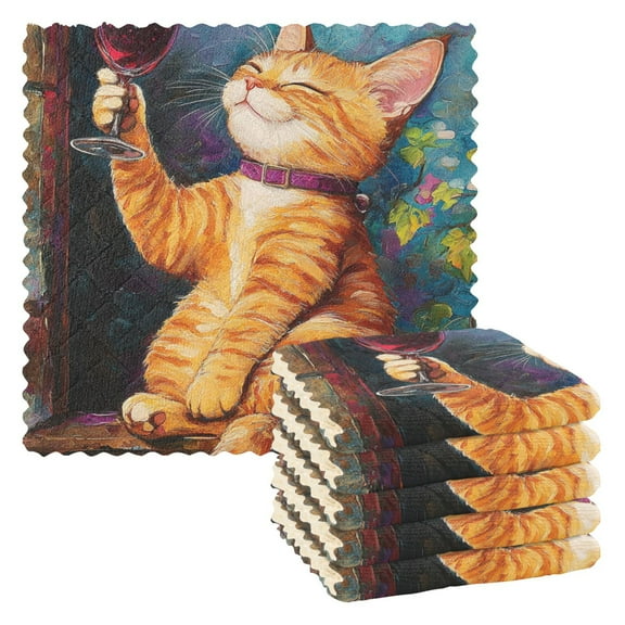 Wine Drinking Orange Cat Kitchen Cloth Dish Towels for Drying Washing Absorbent Dish Rags 6 Pack