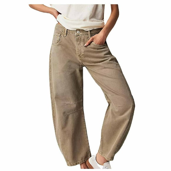 Meichang Mid Waisted Wide Leg Jeans for Women Baggy Casual Denim Pants with Pockets Loose Fit Comfy Streetwear Lounge Pants Y2K Trousers Khaki S