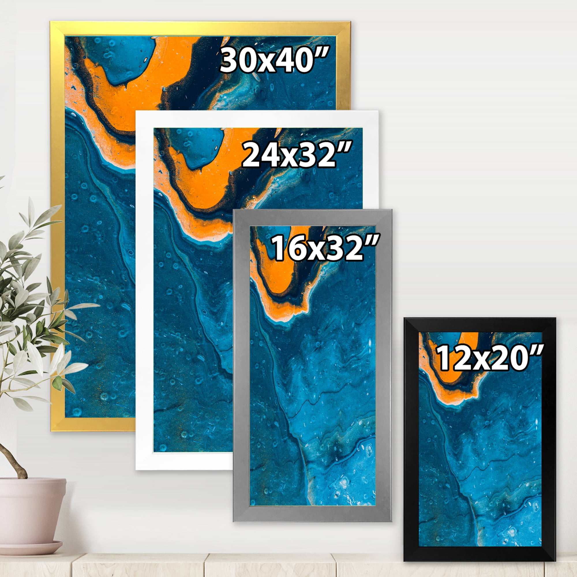 Designart 'Abstract Marble Composition In Orange and Blue III' Modern Framed Art Print