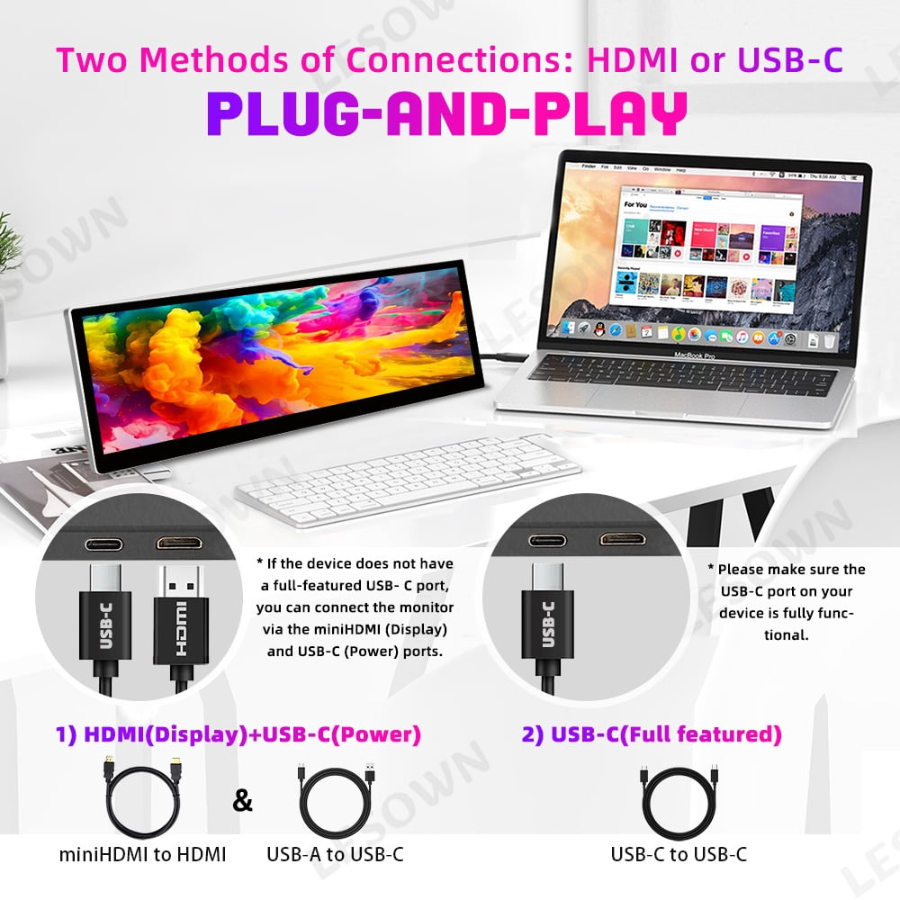 LESOWN 2.5K 14.5-inch Portable Monitor HDMI Dual Type-C Long Strip Touchscreen 2560×720 IPS 10-point Touch Stereo Speakers Laptop Secondary Screen for Raspberry Pi 5 Windows 11 Linux Plug & Play