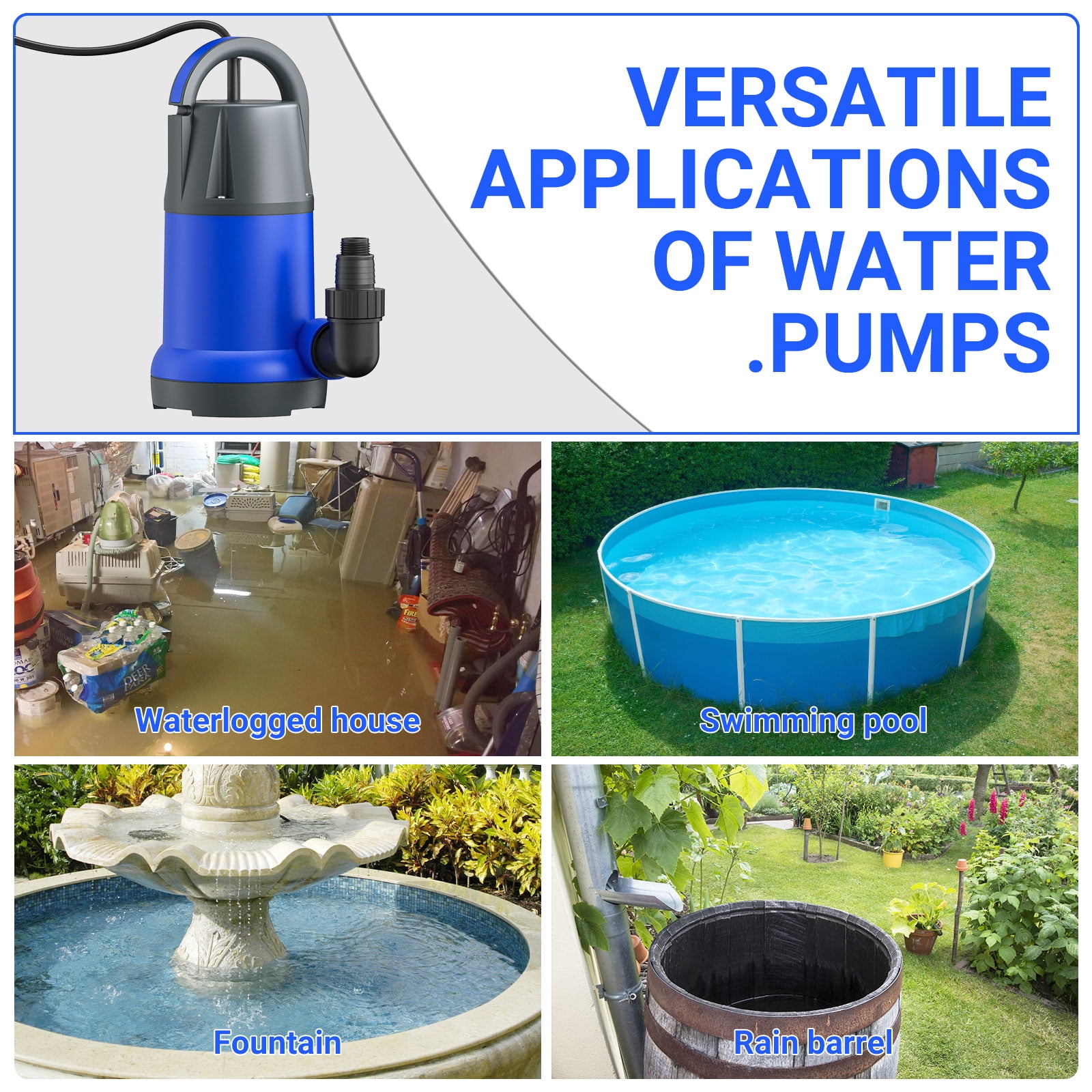 Sump Pump Submersible Water Pump 1HP 3700GPH Portable Electric Utility Pumps for Pool Draining Hot Tub Basement