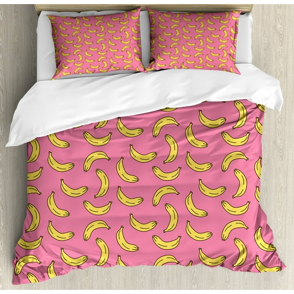 Vegan Duvet Cover Set Queen Size, Banana Cartoon Style Illustration Sweet and Tropical Taste of Summer Season, Decorative 3 Piece Bedding Set with 2 Pillow Shams, Pink and Yellow, by Ambesonne