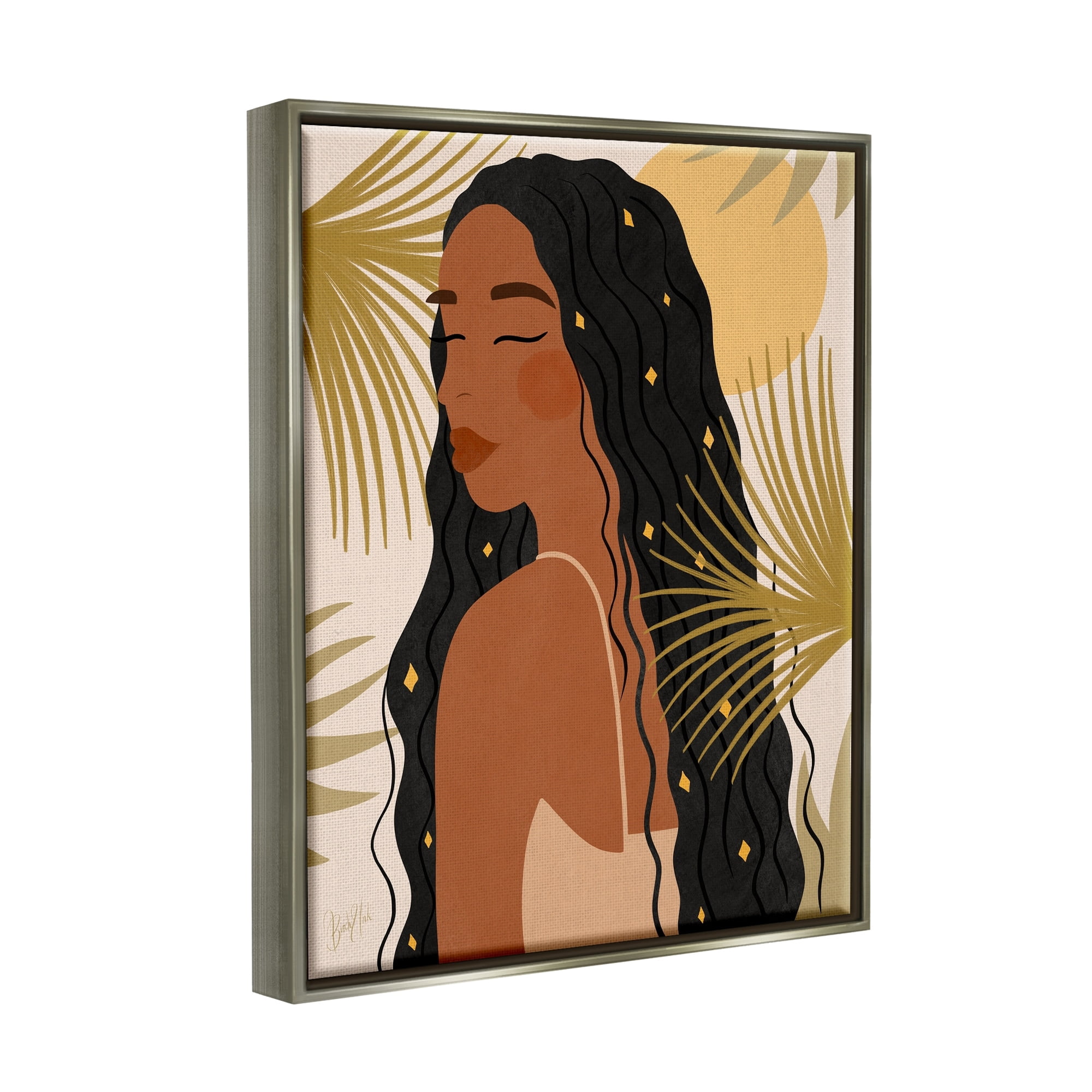 Stupell Industries Desert Plant Leaves Sunlit Starry Haired Woman Graphic Art Luster Gray Floating Framed Canvas Print Wall Art, Design by Birch&Ink