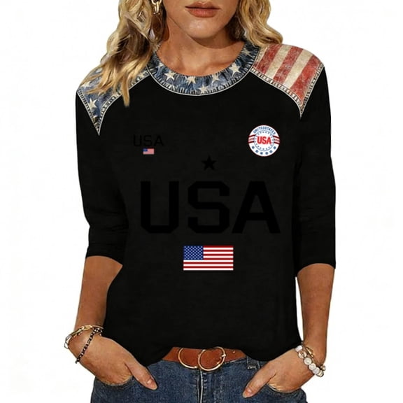 longantii Womens 3/4 Sleeve Tops 250 Anniversary Usa Crew Neck T-Shirts Modern Fit American Flag Tops Fourth Of July Cloth Black M