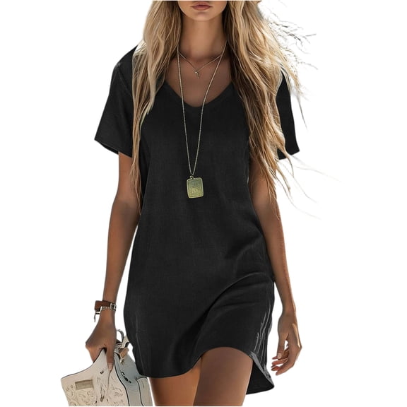 longantii Summer Dresses for Women 2026 V-Neck Casual Sundresses T-Shirt Cotton Mini Dress Vacation Outfits Short Sleeve Tees Black S