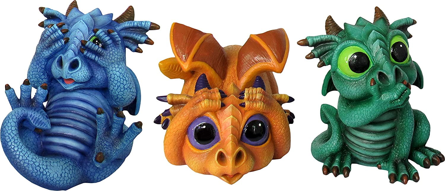 3 Wise Dragons Hear Speak See No Evil Different Colour Vibrant Metallic Figurine 