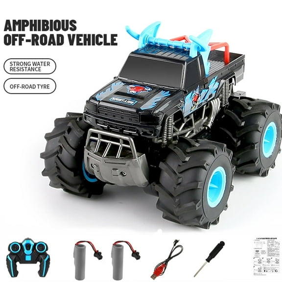  4WD Amphibious Remote Control Car - 2.4G High Speed Off-Road Stunt Vehicle, Waterproof Double-Sided Driving RC Car Toys Gift,,Blue，2 Battery