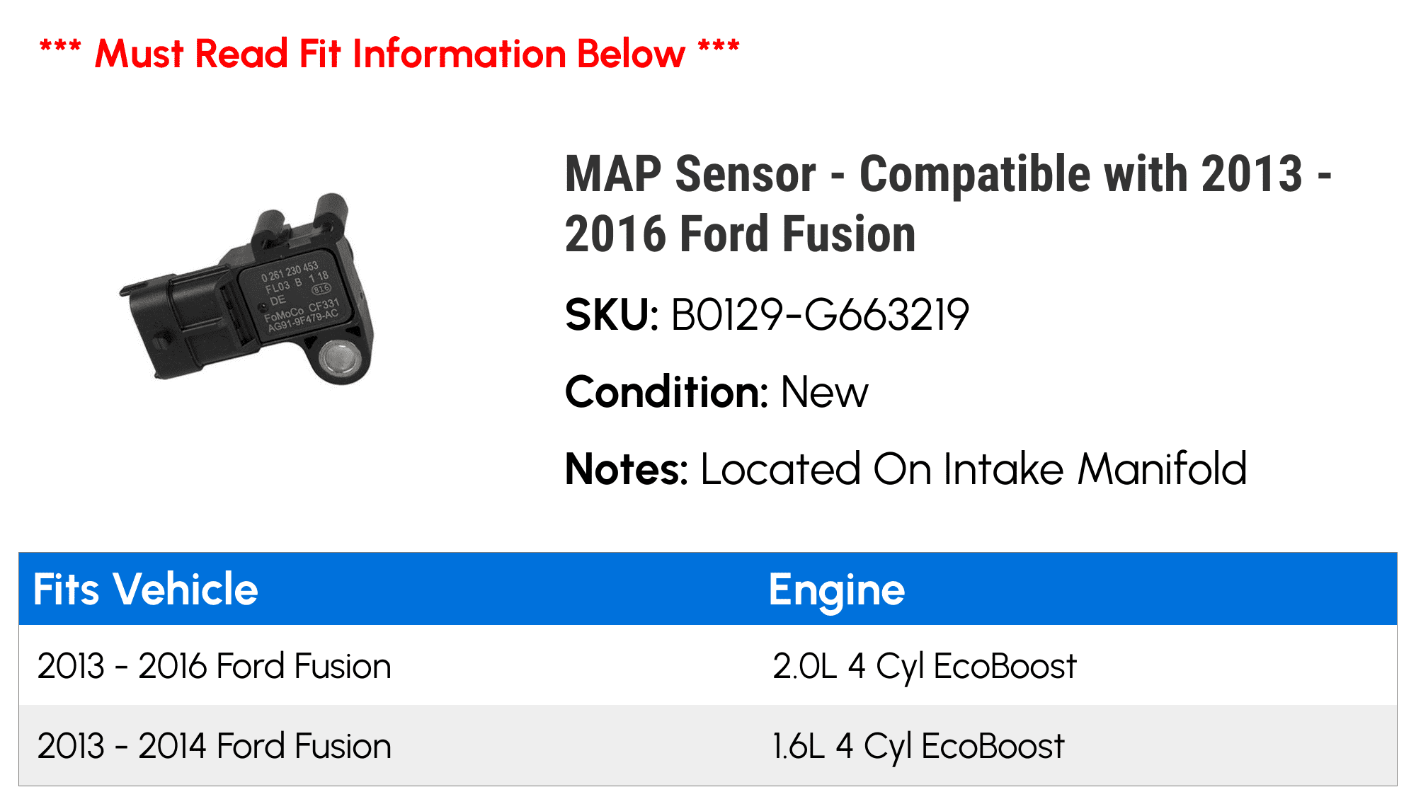MAP Sensor - Compatible with 2013 - 2016 Ford Fusion 2014 2015