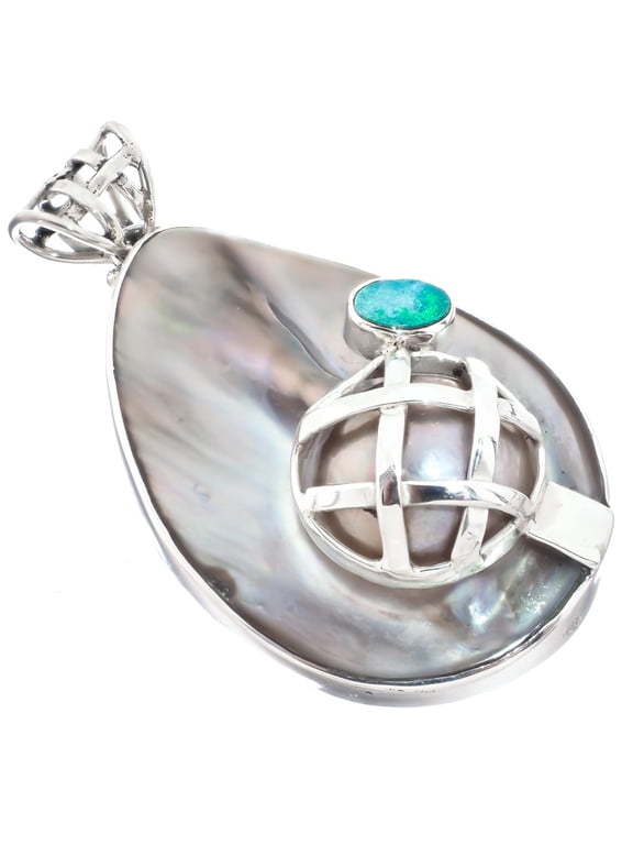 Opal Doublet Mabe Cultured Pearl 925 Sterling Silver Pendant, 2 1/16"