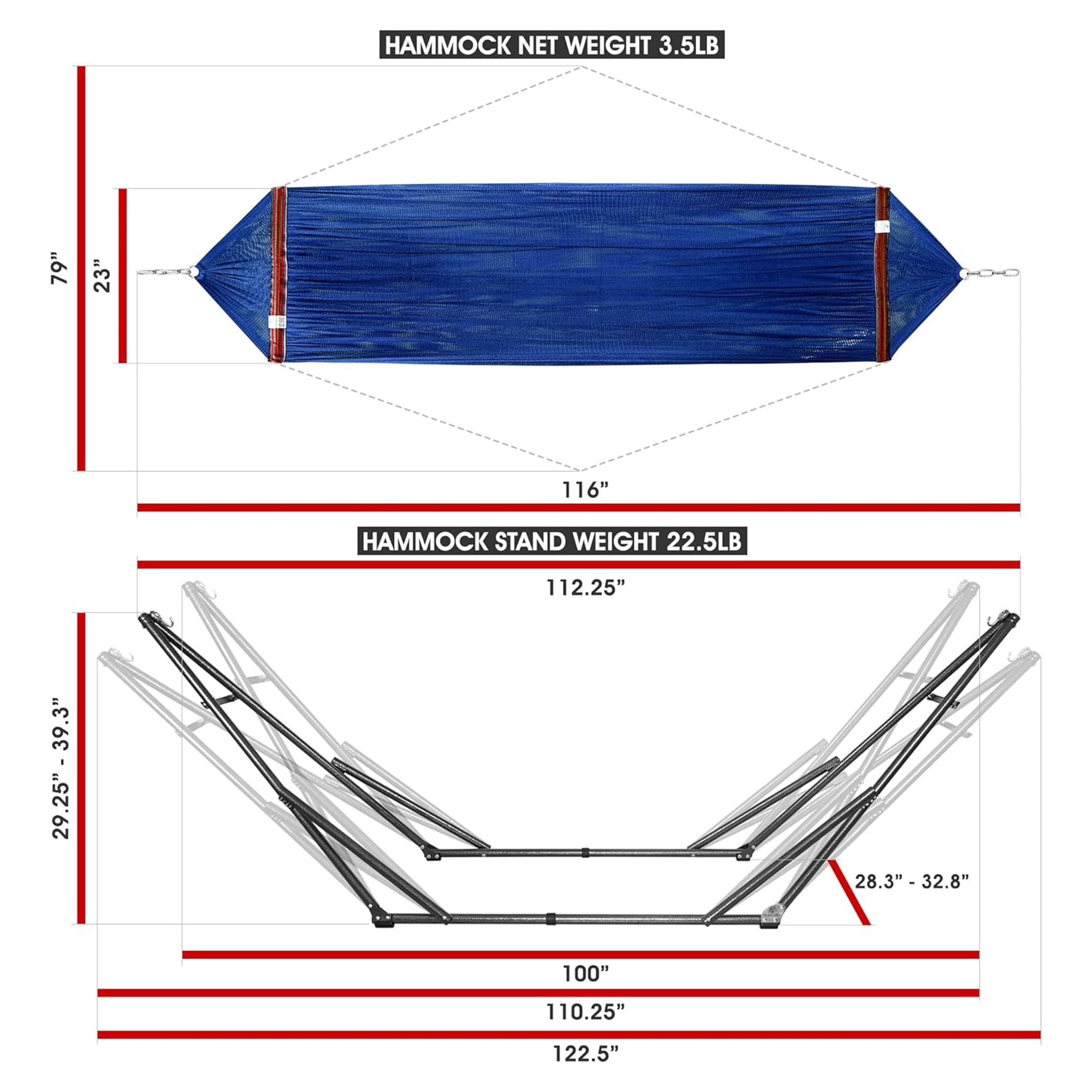 Tranquillo Universal 116" Double Hammock w/Adjustable Stand & Bag, Aegean