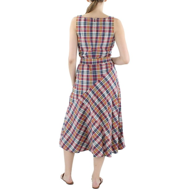 ralph lauren plaid midi dress Polo Ralph Lauren Women's Check Wool-Blend Sleeveless Faux Wrap Midi Dress - Green Multi Plaid