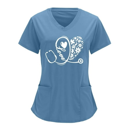 

Funicet Plus Size Tops for Women Scrubs Tops Plus Size Working Uniform With Pockets Short Sleeve V-neck Nursing Uniform Cute Printed Blouse