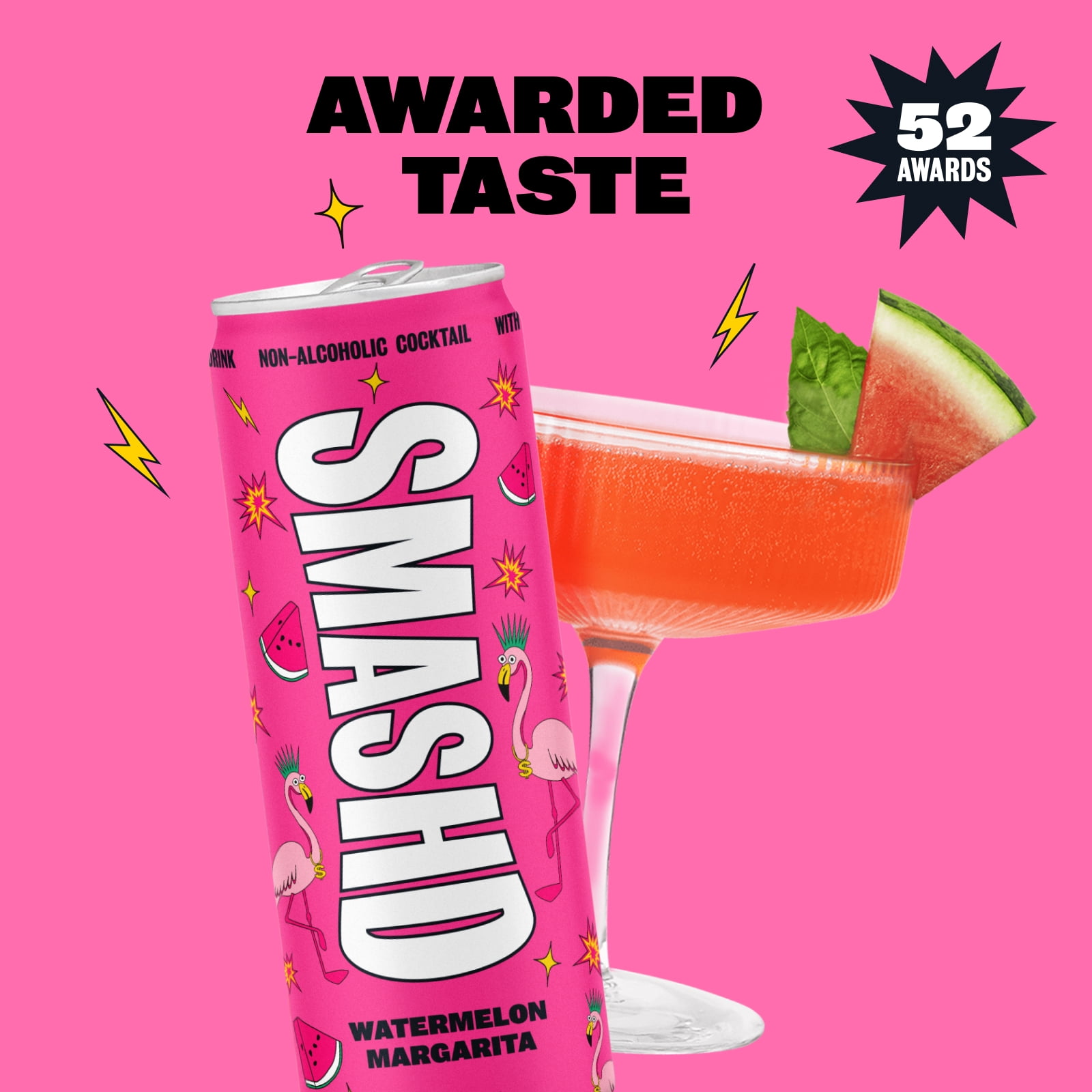 SMASHD Alcohol-Free Mocktails, Non-Alcoholic Beverage Flavored Sparkling Water, Tequila alternative No Artificial Flavors, Caffeine-Free, with electrolytes, 12 Oz&nbsp;Watermelon Margarita, 12 Pack