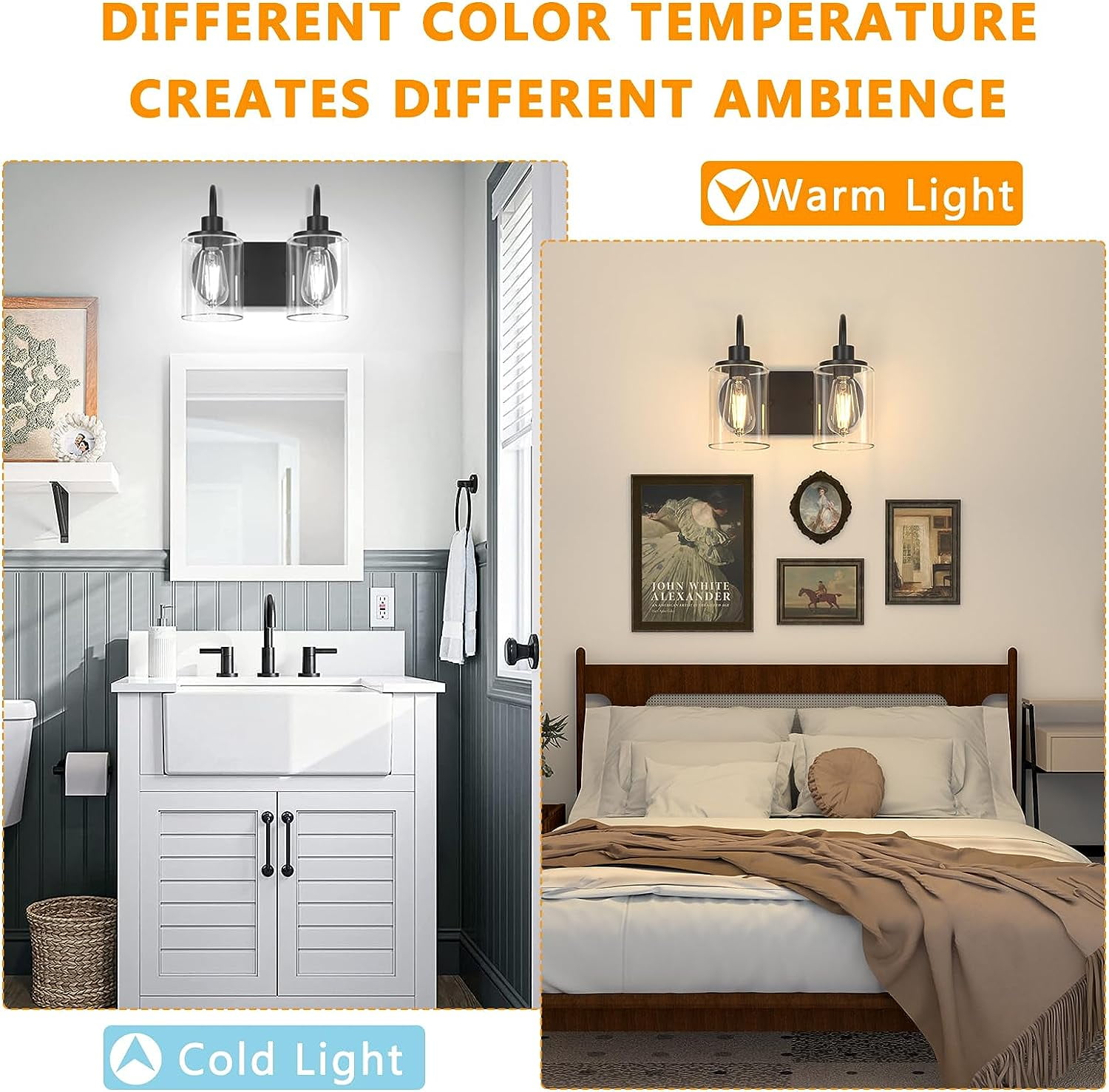 2 light Vanity Bathroom Light Fixture over Mirror with Clear Glass Shade Vintage Wall Sconce