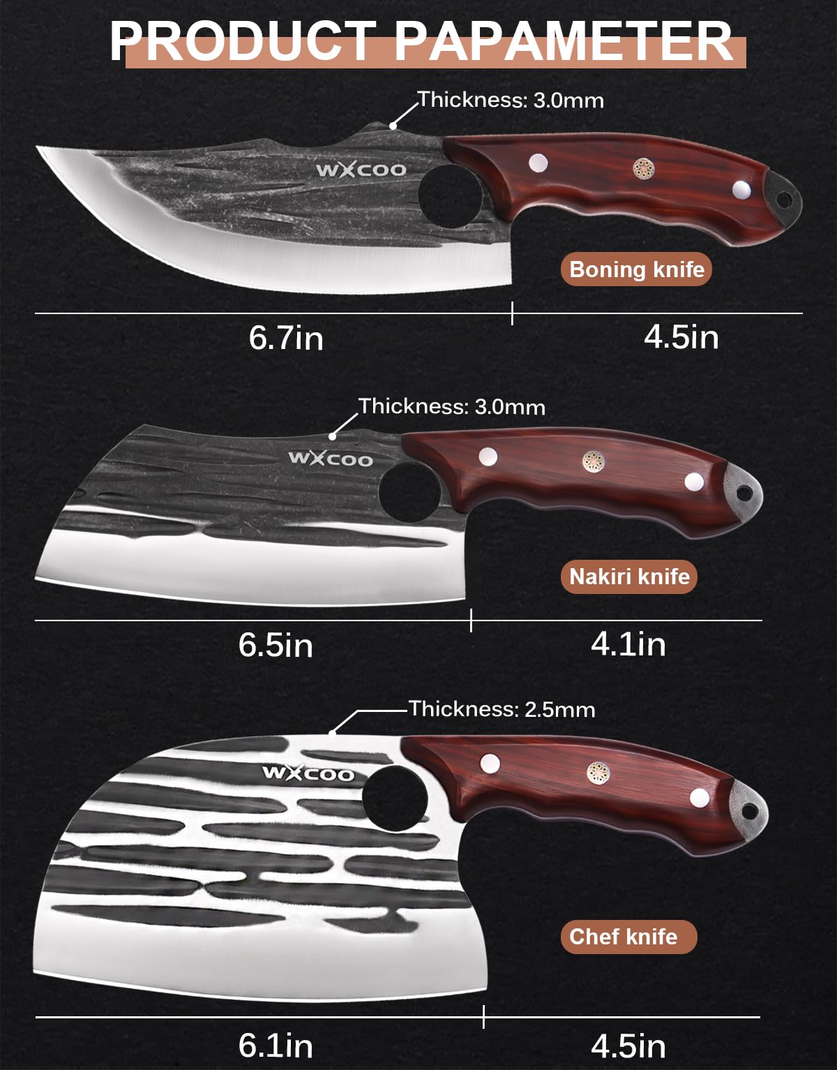 WXCOO Butcher Knife Set - 3pcs Hand Forged Meat Cleaver Knife & Serbian Chef Knives & Sharp Viking Knives for Meat Cutting, Camping, BBQ, Men's Birthday Gift