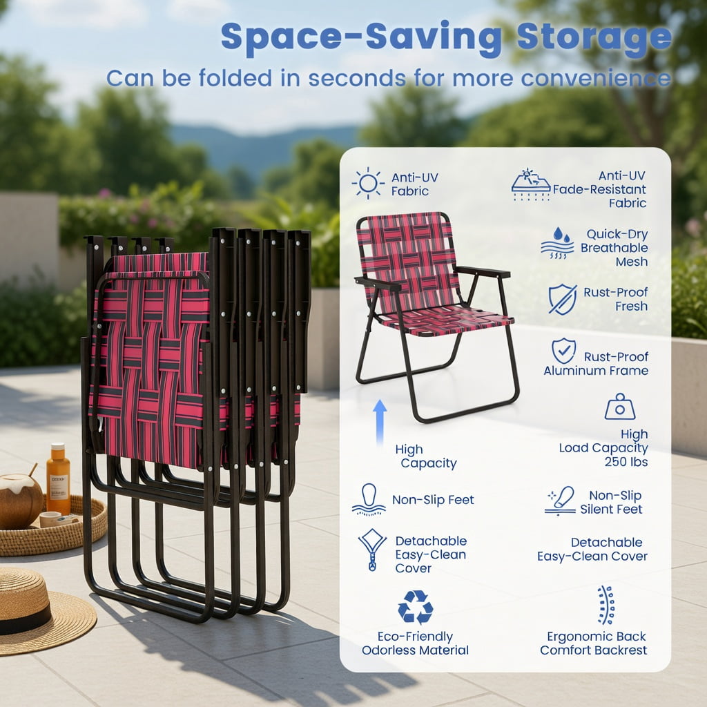 Hommoo 2-Pack Foldable Beach Chairs for Camping, Lawn & Outdoor Use, Rust-Resistant Steel Frame, Fade-Proof PE Webbing, Lightweight & Portable, Red