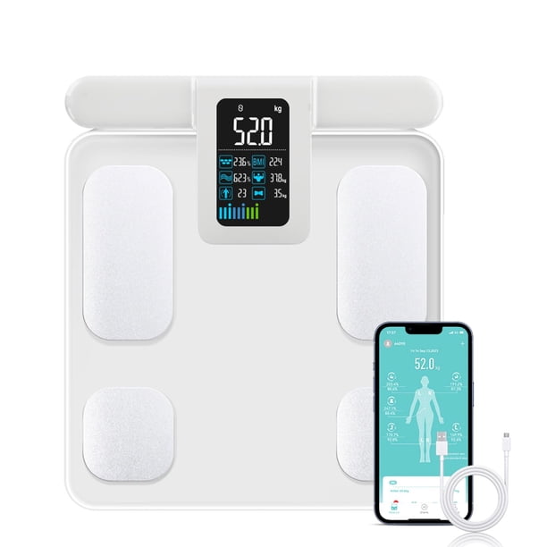 Báscula inteligente Fitdays para grasa corporal | Tecnología avanzada de 8 electrodos para métricas corporales de IMC/20+ | LED a todo color y alta precisión | Báscula de baño para fitness y pérdida d