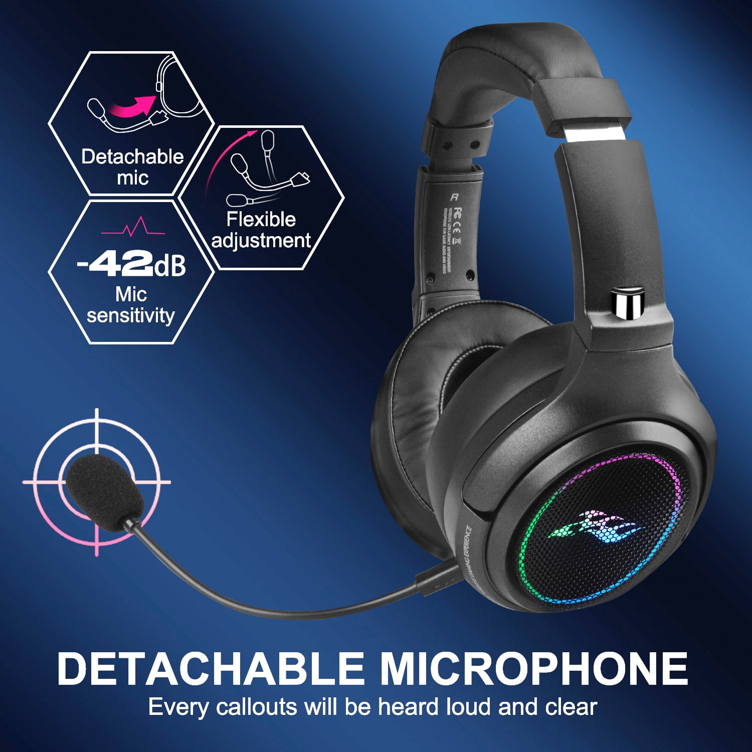 Wireless Gaming Headset,2.4G/Bluetooth Gaming Headphones w/Detachable Noise Cancelling Mic,Stereo Surround RGB Noise Cancelling Over Ear Headphones,3.5mm Wired for PS4 PS5 Xbox PC,Black,FCC Approved