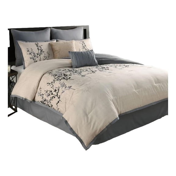 Yedy 8pc Queen Size Comforter Set, Blue and Cream Floral Embroidery