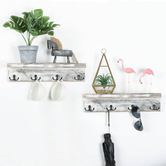 Coat Rack with Shelf, Set of 2 Wall Mounted Coat Hook with 4 Dual-Hooks, Rustic White