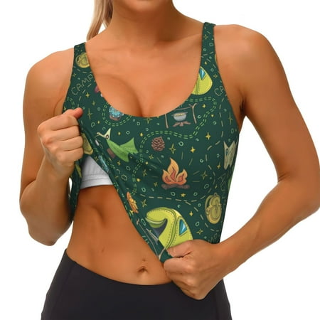 Qokaie Camp In The Forest Pattern Womens Scoop Neck Sports Bra Breathable Workout Vest Padded U Back Medium Impact Fitness Gym Yoga Bra Workout Crop Top