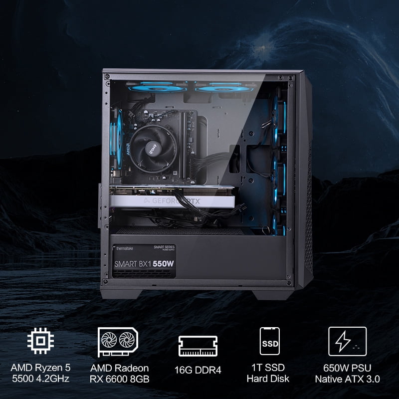 Ningmei Gaming PC Desktop, AMD Ryzen 5 5500, RX 6600, 16GB DDR4, 1TB SSD, Wifi, Win11
