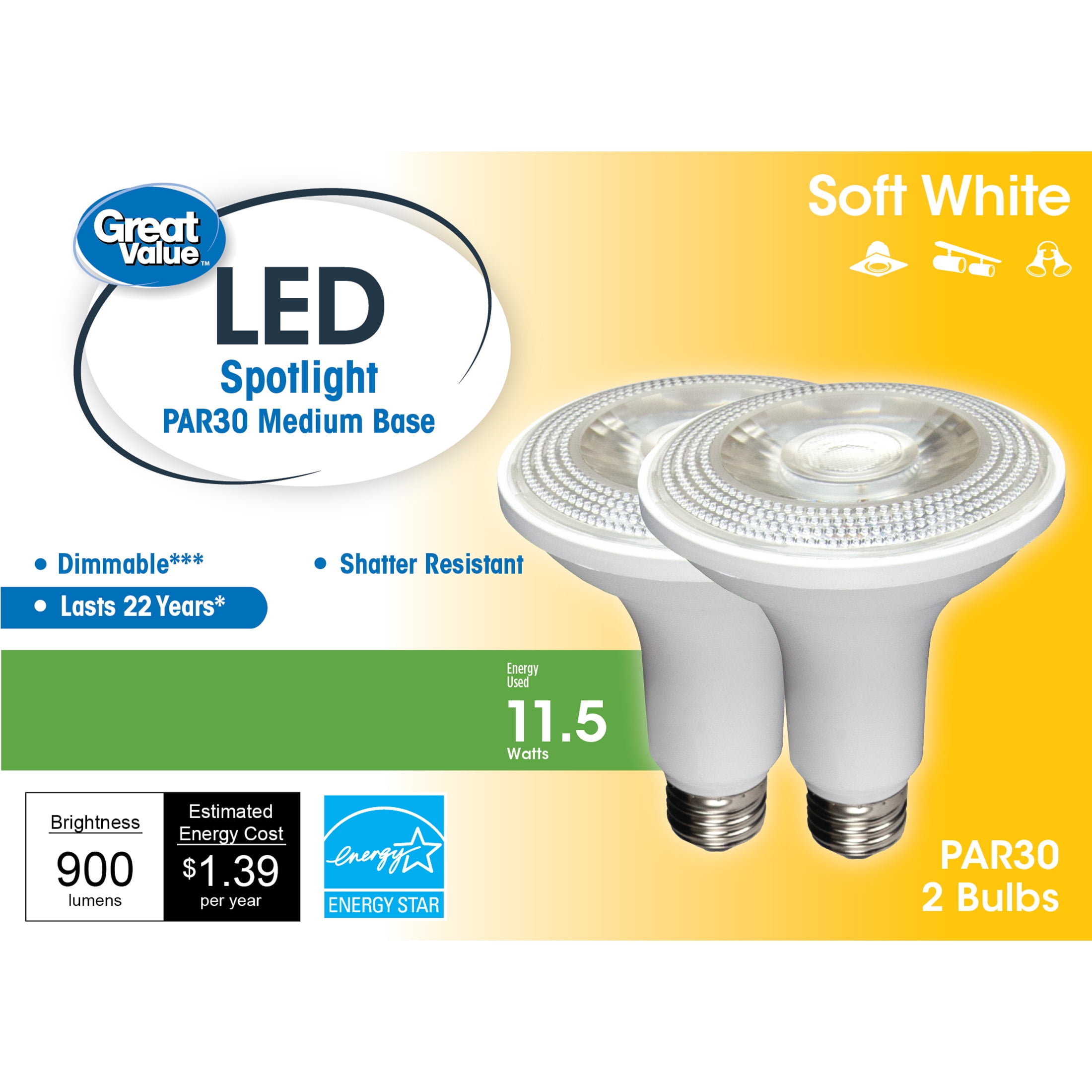 Great Value LED Light Bulb, 10 Watts (90W Equivalent) PAR30 Floodlight E26 Medium Base, Dimmable, Soft White, 2-Pack