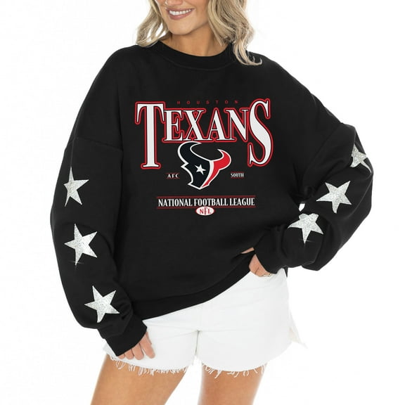 Women's Gameday Couture Black Houston Texans Rhinestone Star Sleeve Settle the Score Oversized Tri-Blend Pullover