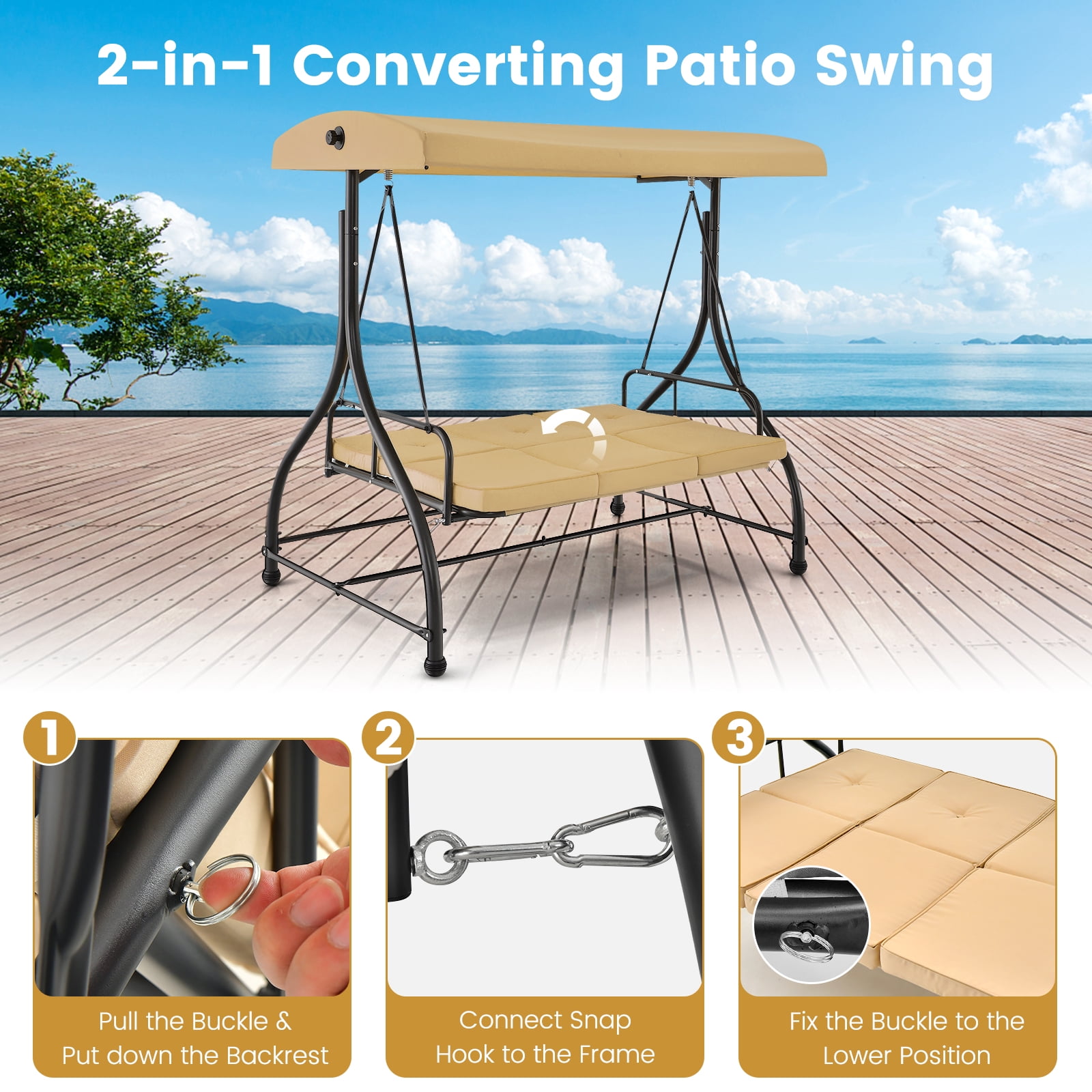 Costway Converting Outdoor Swing Canopy Hammock 3 Seats Patio Deck Furniture beige