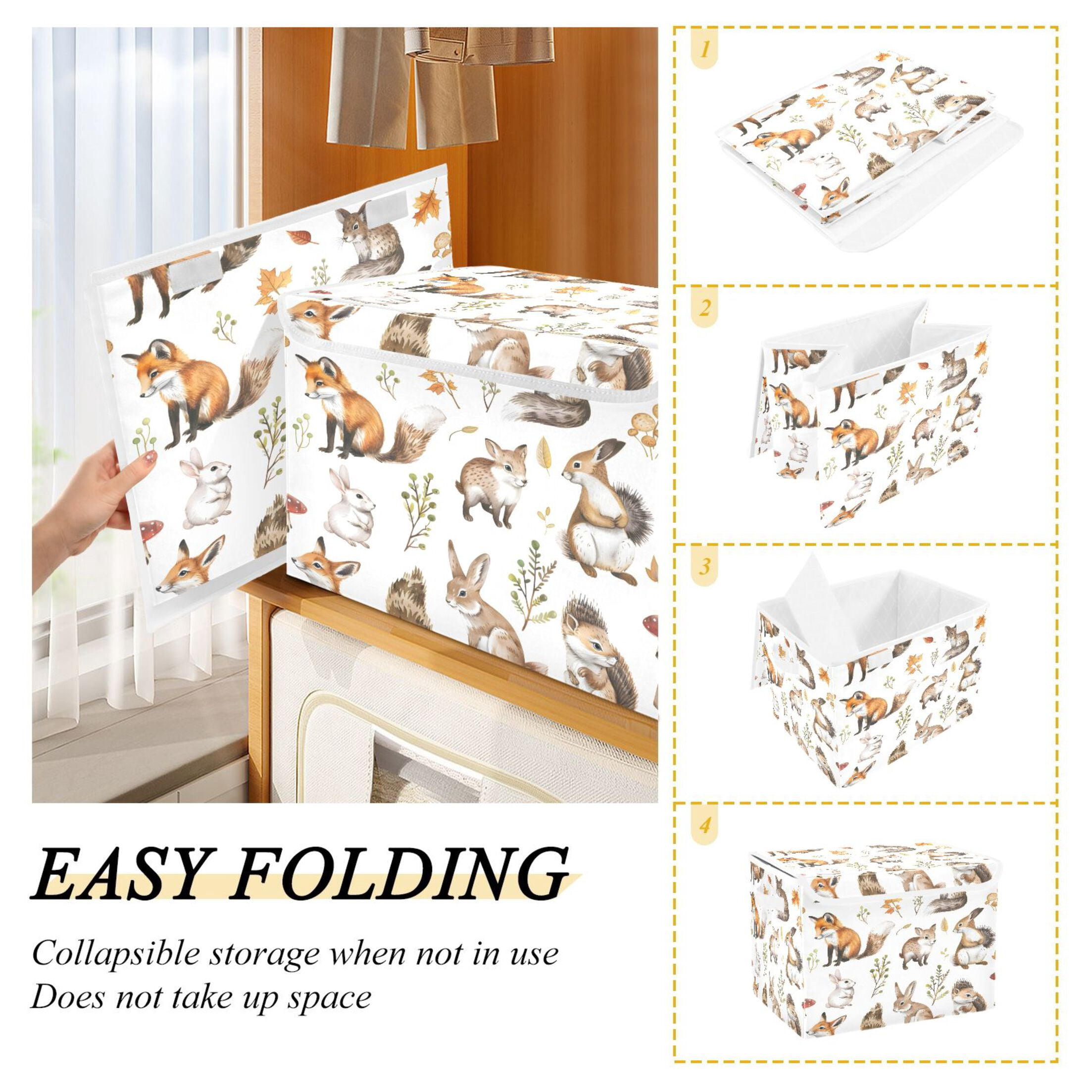 Ryvnso Cute Forest Animals Large Lidded Foldable Storage Baskets Cubes Boxes Lids Bin for Home