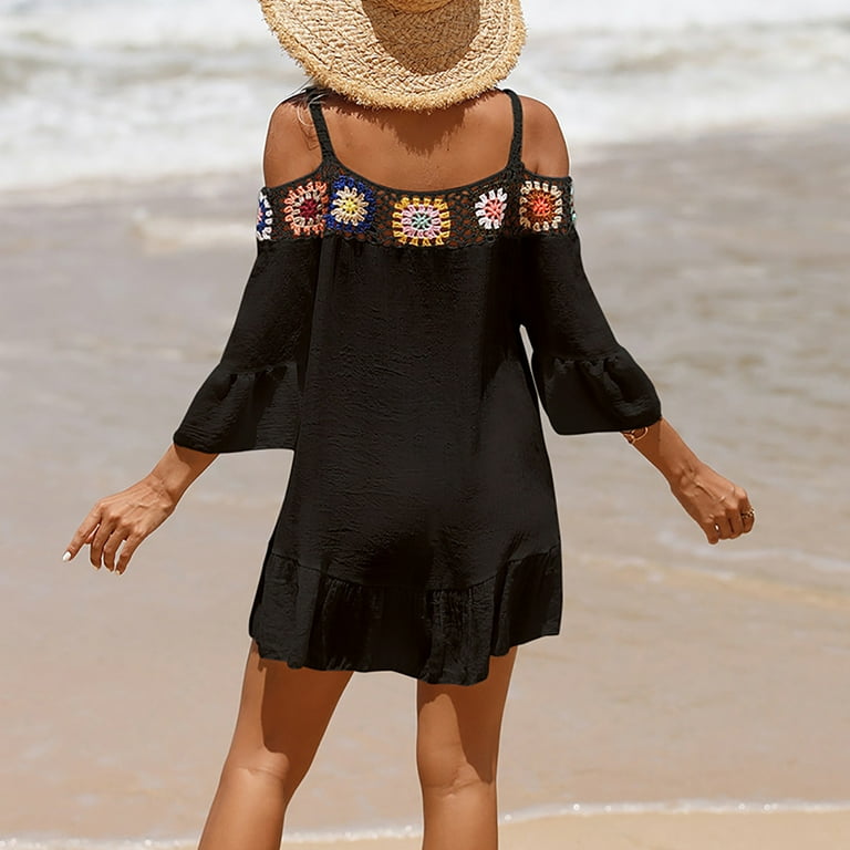 off the shoulder dress cover up Tommy Bahama Black Swim Linen Off The Shoulder Dress