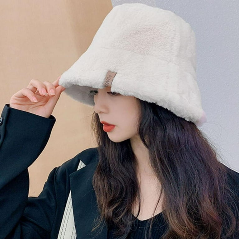 2023 Luxury Fluffy Faux Fur Bucket Hat Women Imitation Fur Warm